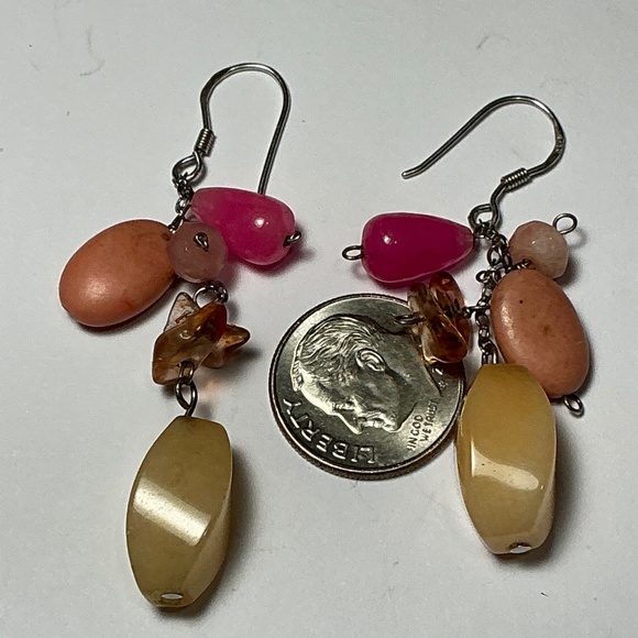 Sterling Silver Dangle Earrings with Multi gemstones. 2 inches long - Picture 4 of 5